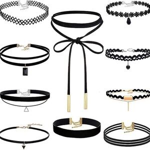10 Chokers Necklace Set Black Velvet 90s Pendant Triangle Witch Fall Summer Cute